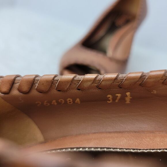 Gucci Brown Leather Whipstitch Trim Pumps Open Toe 264984 Heel Shoes Size 7 US - Picture 7 of 10